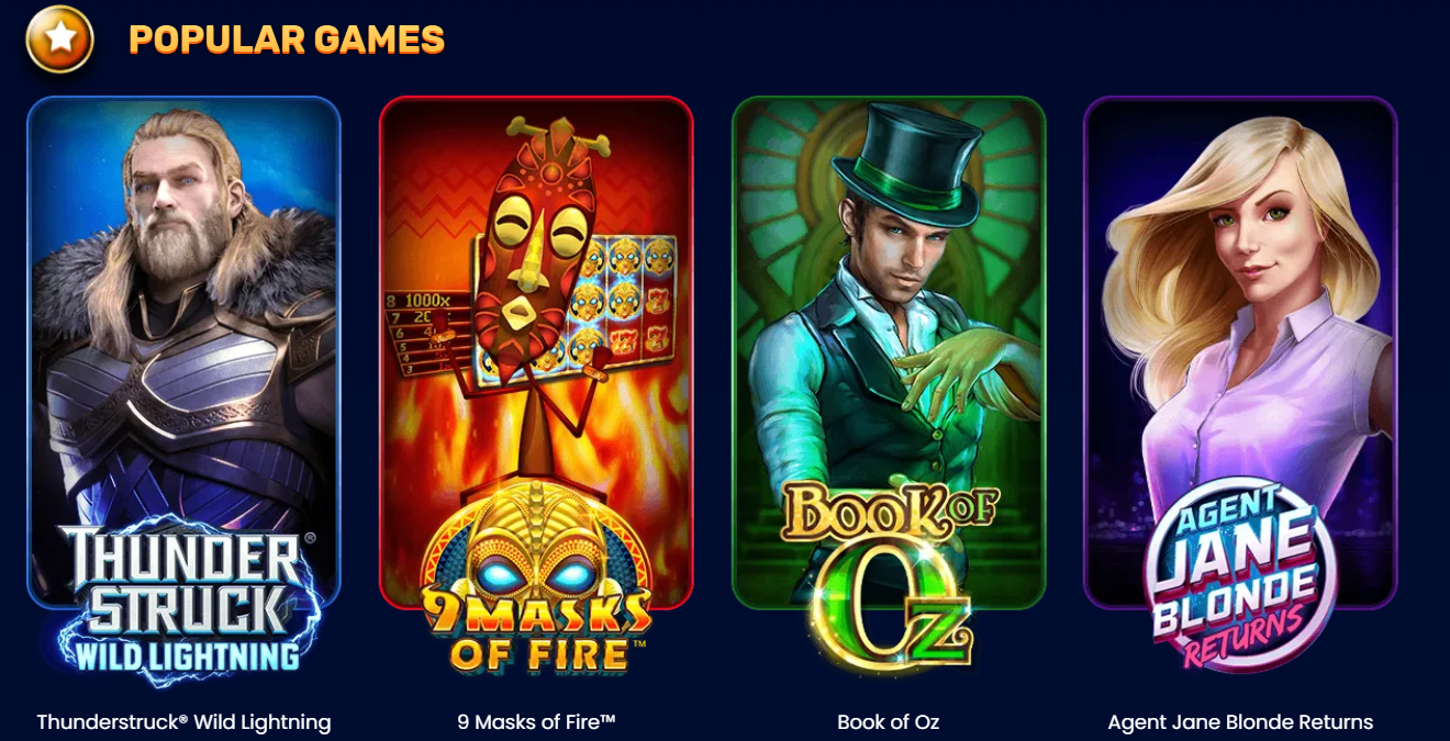 Yukon Gold Casino Popular Games lobby — Thunderstruck Wild Lightning, 9 Masks of Fire, Book of Oz